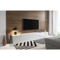 Meuble TV design SPEED, 240 cm, 1 porte et 3 espaces de rangement, coloris blanc et blanc brillant + LED