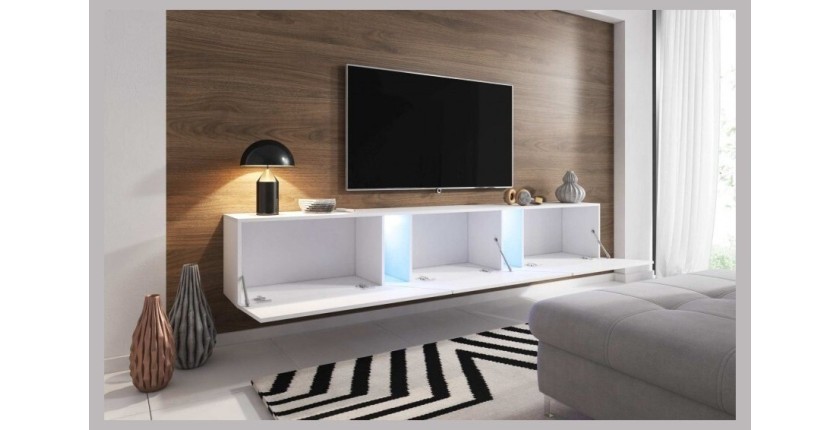 Meuble TV design SPEED, 240 cm, 1 porte et 3 espaces de rangement, coloris blanc et gris avec LED intégrée.