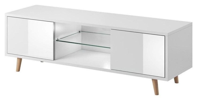 Meuble TV design EDEN 140 cm, 2 portes et 2 niches, coloris blanc. Type scandinave.