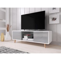 Meuble TV design EDEN 140 cm, 2 portes et 2 niches, coloris blanc et gris. Type scandinave.