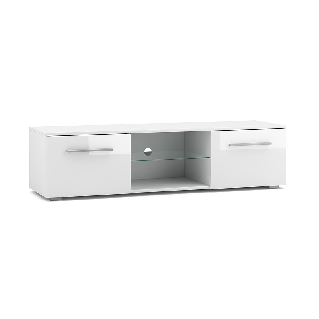 Meuble TV design LEON 140 cm. 2 portes et niche coloris blanc et blanc brillant