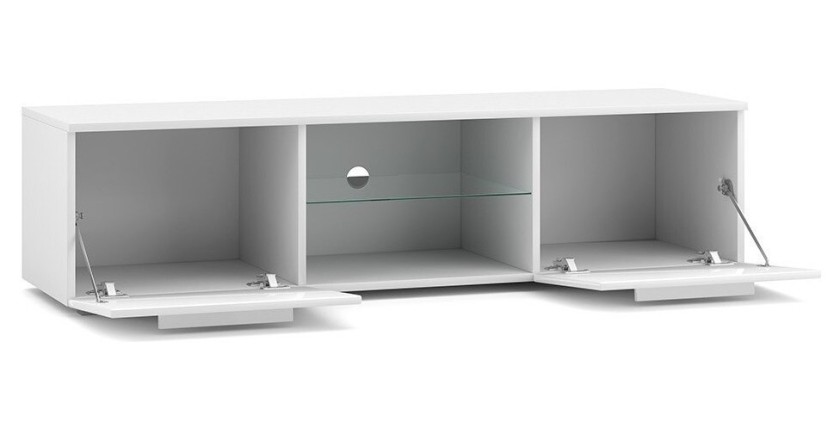 Meuble TV design LEON 140 cm. 2 portes et niche coloris blanc et gris brillant