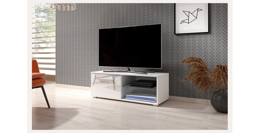 Meuble TV design LEON II 100 cm, 1 porte et 2 niches, coloris blanc et blanc brillant