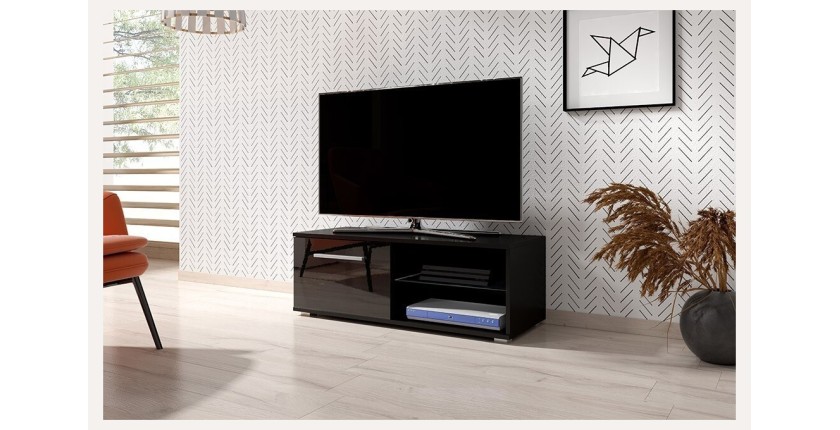 Meuble TV design LEON II 100 cm, 1 porte et 2 niches, coloris noir et noir brillant