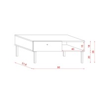 Table basse moderne RULIA 1 tiroir et 1 niche, coloris chêne et blanc mat