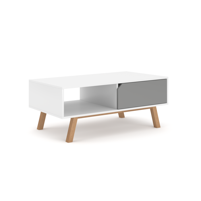 Table basse design AOMORI 1 tiroir et 1 niche, coloris blanc et gris mat