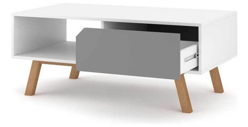 Table basse design AOMORI 1 tiroir et 1 niche, coloris blanc et gris mat