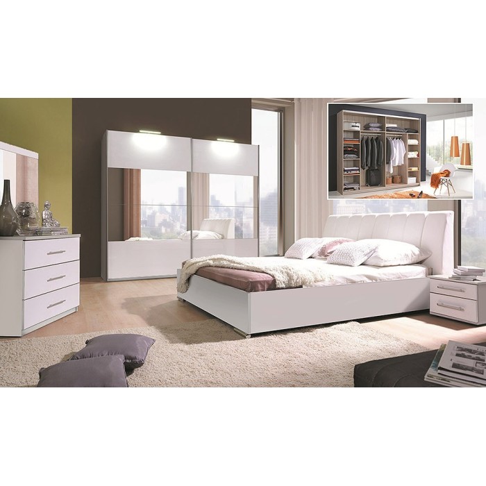 Ensemble VERONA blanc brillant lit design en simili cuir 160 x 200 , 2 chevets et 1 armoire. Meuble design