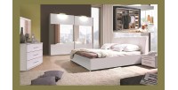 Ensemble VERONA blanc brillant lit design en simili cuir 180 x 200 cm avec 2 chevets et armoire. Meuble design