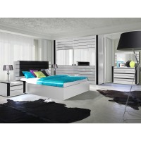 Lit adulte 180cm design LINA blanc et noir brillant + tête de lit en simili cuir