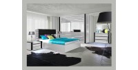 Lit double 160 cm avec option coffre LINA. Coloris blanc et noir brillant avec une finition en simili cuir. Sommier inclus