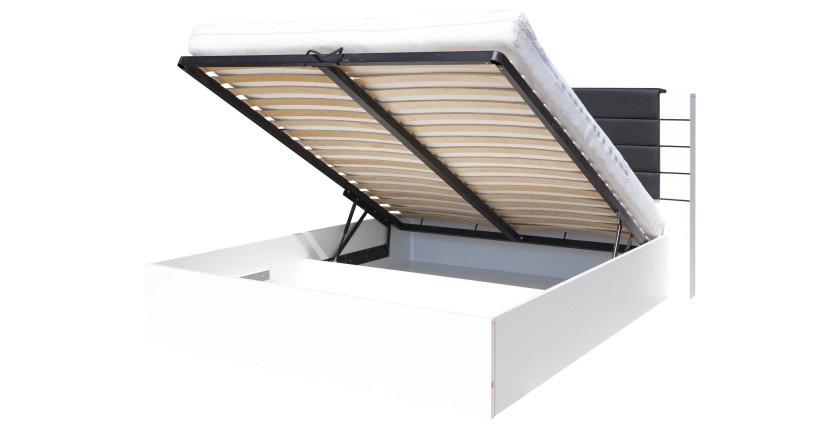 Lit double 160 cm avec option coffre LINA. Coloris blanc et noir brillant avec une finition en simili cuir. Sommier inclus