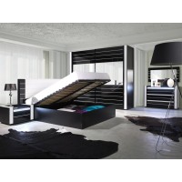 Lit double 160 cm avec option coffre LINA. Coloris noir et blanc brillant avec une finition en simili cuir. Sommier inclus