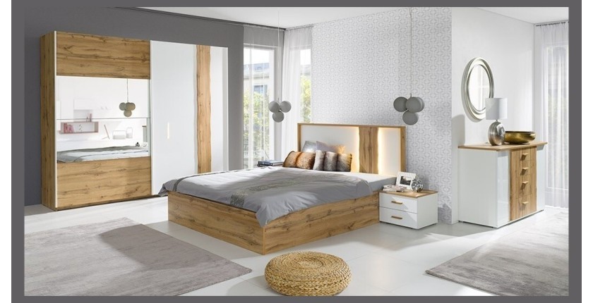 Lit adulte design WOOD 160 x 200 cm + LED dans la tête de lit. Meuble design idéal pour votre chambre.