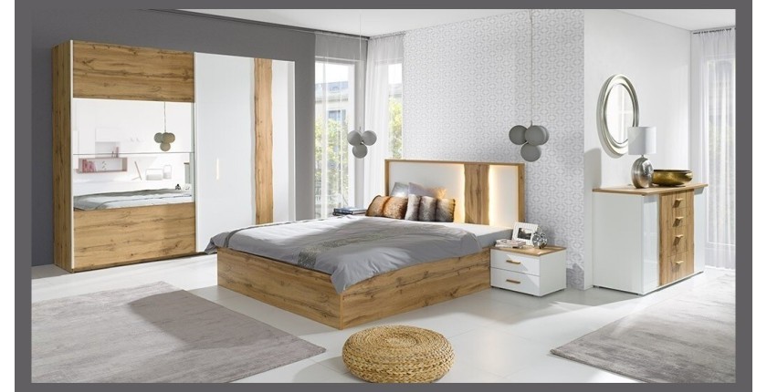 Lit adulte design WOOD 180 x 200 cm + LED dans la tête de lit. Meuble design idéal pour votre chambre.