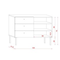 Commode moderne RULIA, 100cm, 3 tiroirs et 3 niches, coloris chêne et blanc mat