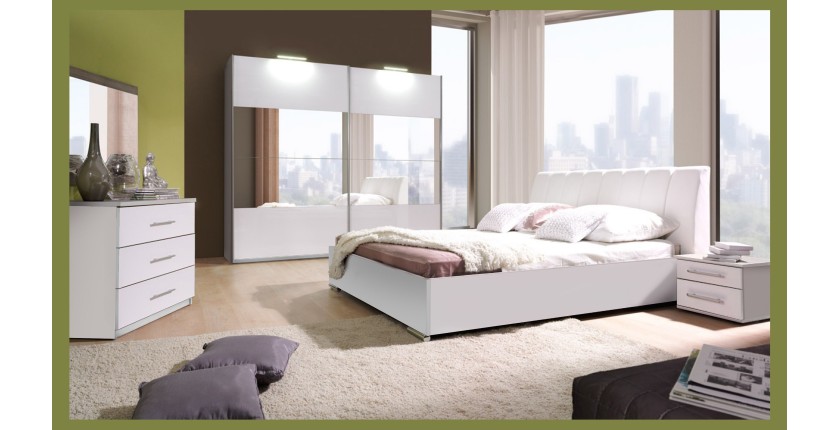 Ensemble blanc brillant lit design en simili cuir 180 x 200 cm et 2 chevets VERONA. Meuble design pour chambre à coucher