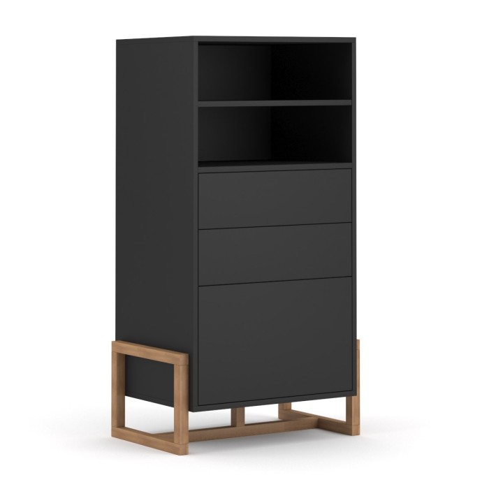 Vaisselier design GEILO 2 tiroirs, 1 porte et 2 niches, coloris noir mat et hêtre