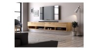 Meuble TV suspendu design CLUJ, 200 cm, 2 porte et 4 niches, coloris chêne wotan.