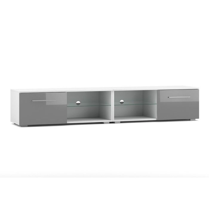 Meuble TV design LEON II XXL, 2 mètres, 2 portes et 4 niches, coloris blanc et gris brillant