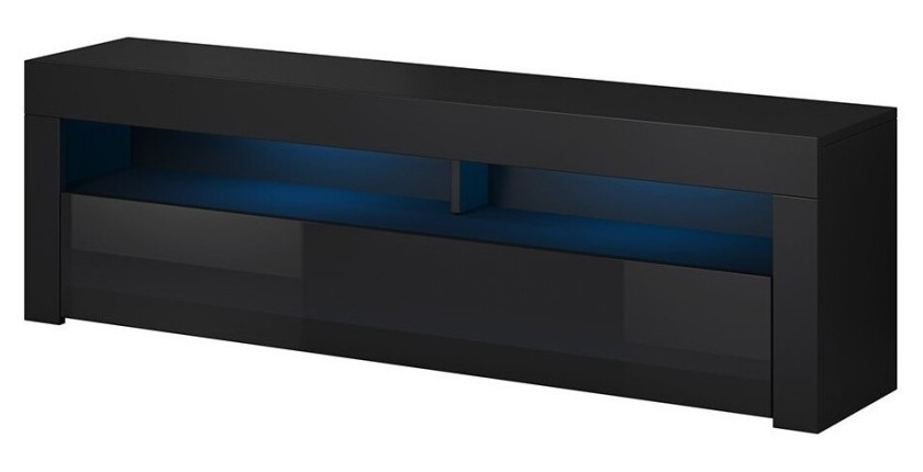 Meuble TV design MEXICO 140 cm, 1 porte et 1 niche, coloris noir + LED