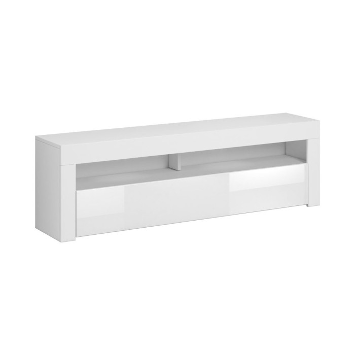 Meuble TV design MEXICO 160 cm, 1 porte et 1 niche, coloris blanc mat et blanc brillant