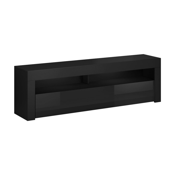 Meuble TV design MEXICO 160 cm, 1 porte et 1 niche, coloris noir mat et noir brillant