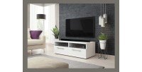 Meuble TV design BONNIE 100 cm, 2 portes et 2 niches, coloris blanc mat et blanc brillant