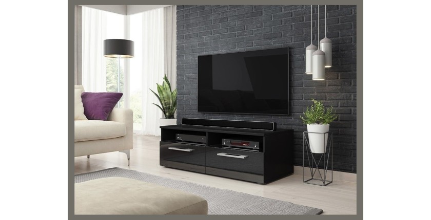 Meuble TV design BONNIE 100 cm, 2 portes et 2 niches, coloris noir mat et noir brillant