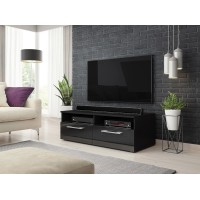 Meuble TV design BONNIE 100 cm, 2 portes et 2 niches, coloris noir mat et noir brillant