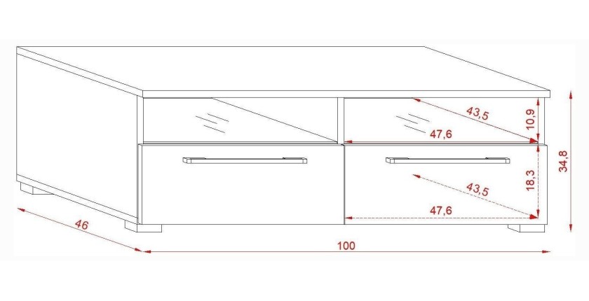 Meuble TV design BONNIE 100 cm, 2 portes et 2 niches, coloris noir mat et noir brillant