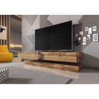 Meuble TV design suspendu FLY 140 cm à 2 tiroirs, coloris chêne