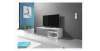 Meuble TV design BREST-HIT 100 cm, 1 porte et 2 niches, coloris blanc mat et gris brillant