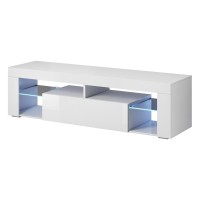 Meuble TV design MONTBLANC 140 cm, 1 porte et 2 niches, coloris blanc + LED.