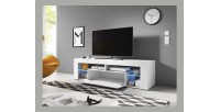 Meuble TV design MONTBLANC 140 cm, 1 porte et 2 niches, coloris blanc + LED.