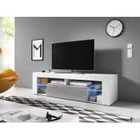 Meuble TV design MONTBLANC 140 cm, 1 porte et 2 niches, coloris blanc et gris + LED.