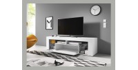 Meuble TV design MONTBLANC 140 cm, 1 porte et 2 niches, coloris blanc mat et blanc brillant