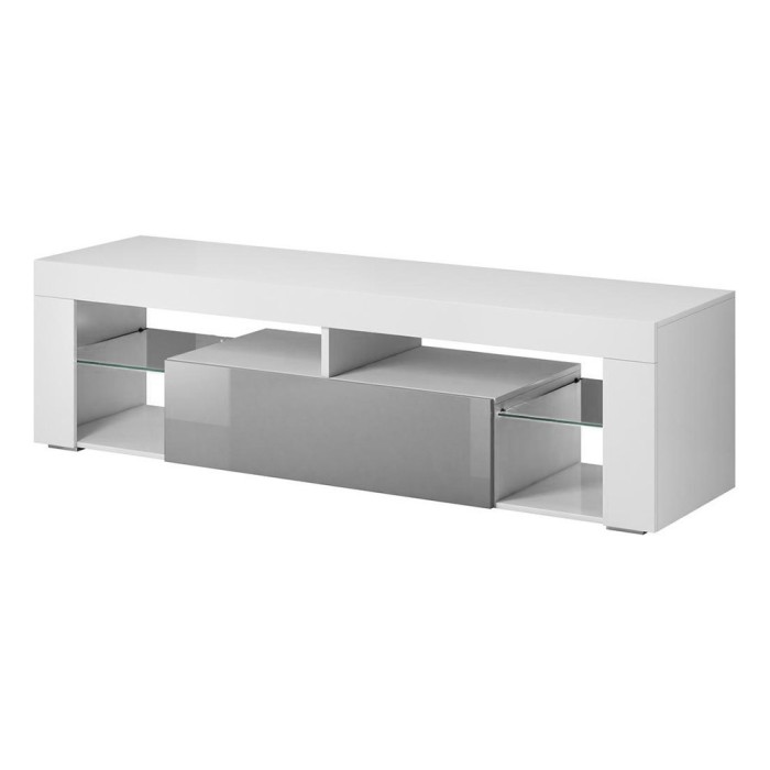 Meuble TV design MONTBLANC 140 cm, 1 porte et 2 niches, coloris blanc mat et gris brillant