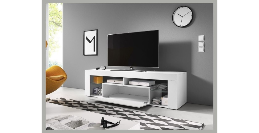 Meuble TV design MONTBLANC 140 cm, 1 porte et 2 niches, coloris blanc mat et gris brillant