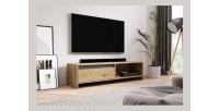 Meuble TV design LISSE 140 cm, 1 porte et 1 niche, coloris chêne clair.
