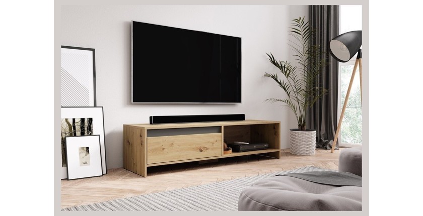 Meuble TV design LISSE 140 cm, 1 porte et 1 niche, coloris chêne clair.