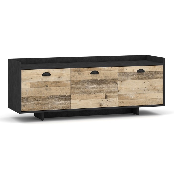 Meuble TV design VICTORIA 140 cm, 3 portes, coloris gris foncé et bois brut.