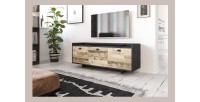 Meuble TV design VICTORIA 140 cm, 3 portes, coloris gris foncé et bois brut.