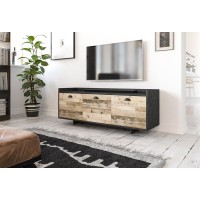 Meuble TV design VICTORIA 140 cm, 3 portes, coloris gris foncé et bois brut.