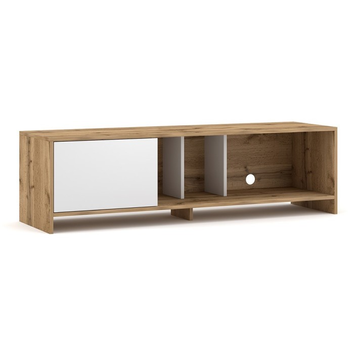 Meuble TV design NARVA 140 cm, 1porte, coloris chêne et blanc