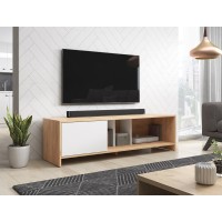 Meuble TV design NARVA 140 cm, 1porte, coloris chêne et blanc
