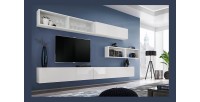 Ensemble meuble TV mural CUBE 14 design coloris blanc et blanc brillant. Meuble de salon suspendu