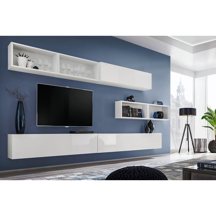 Ensemble meuble TV mural CUBE 14 design coloris blanc et blanc brillant. Meuble de salon suspendu