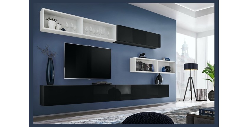 Ensemble meuble TV mural CUBE 14 design coloris noir et blanc. Meuble de salon suspendu