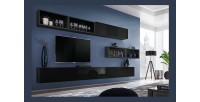 Ensemble de meubles design - CUBE 14 - Coloris noir et noir brillant. Meuble de salon suspendu